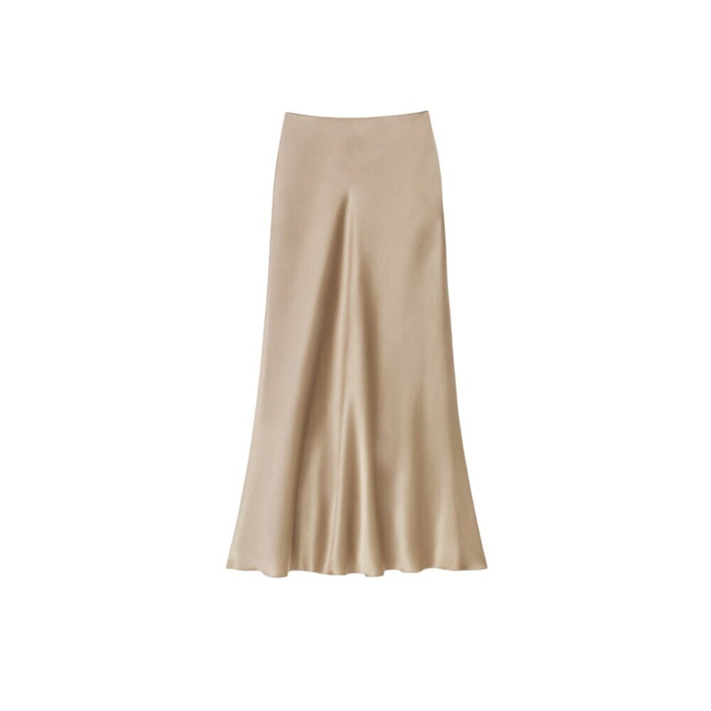 Lafayette 148 NY Bias Cut Flared Satin Maxi Skirt Womens 14 Tan Brown High Rise